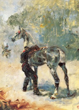 henri de toulouse artilleur lautrec sellant son Cheval 1879 Peinture à l'huile